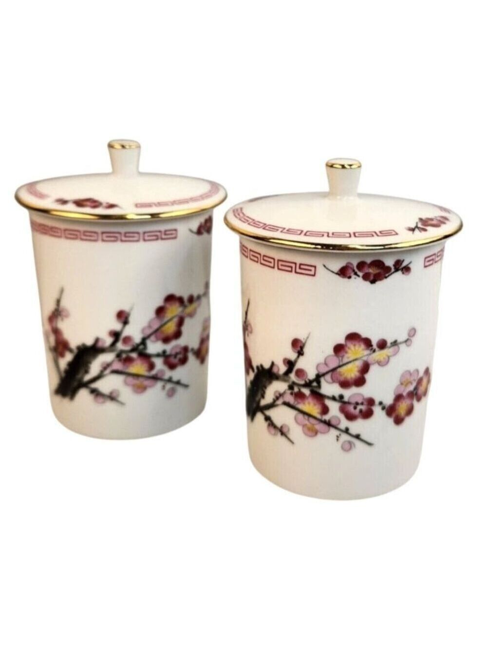 Tatung Vintage Chinese Tea Cups With Lids Plum Blossom Fine China Taiwan
